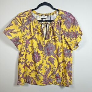J.Crew Collection‎ Medium Yellow Pink Floral Short Sleeve 100% Cotton Blouse